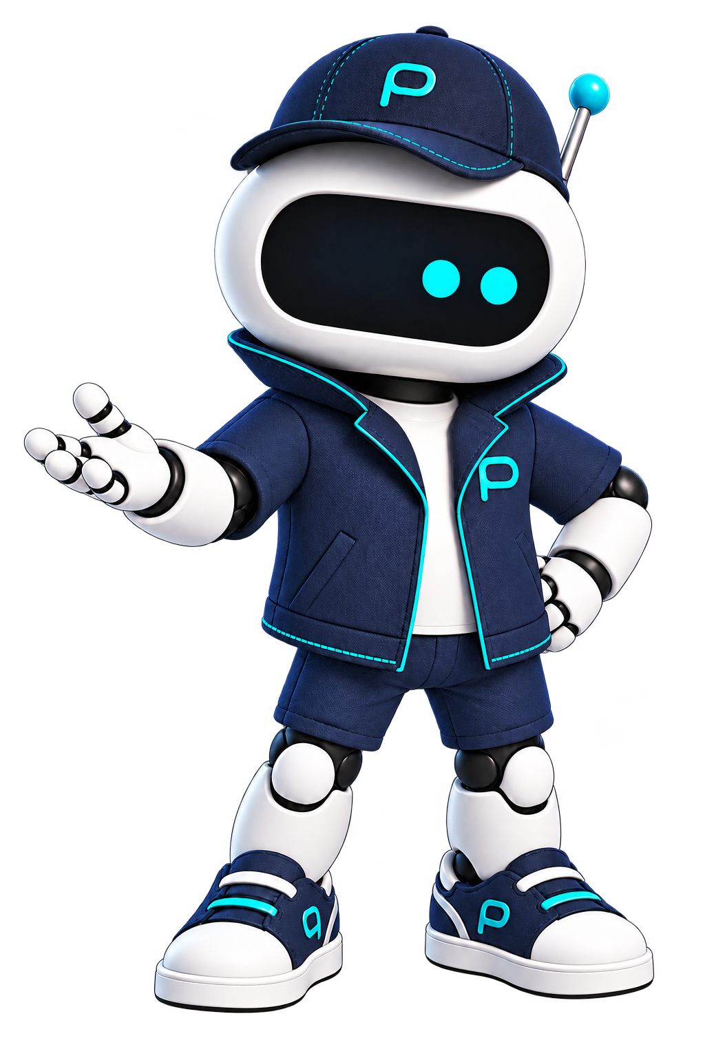 Hunter, la IA de Pebot, presentando sus soluciones con una mano abierta